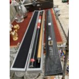 TWO CASED SNOOKER CUES TO INCLUDE A BCE CUSTOM CUE WITH BUDWIESER DESIGN ETC