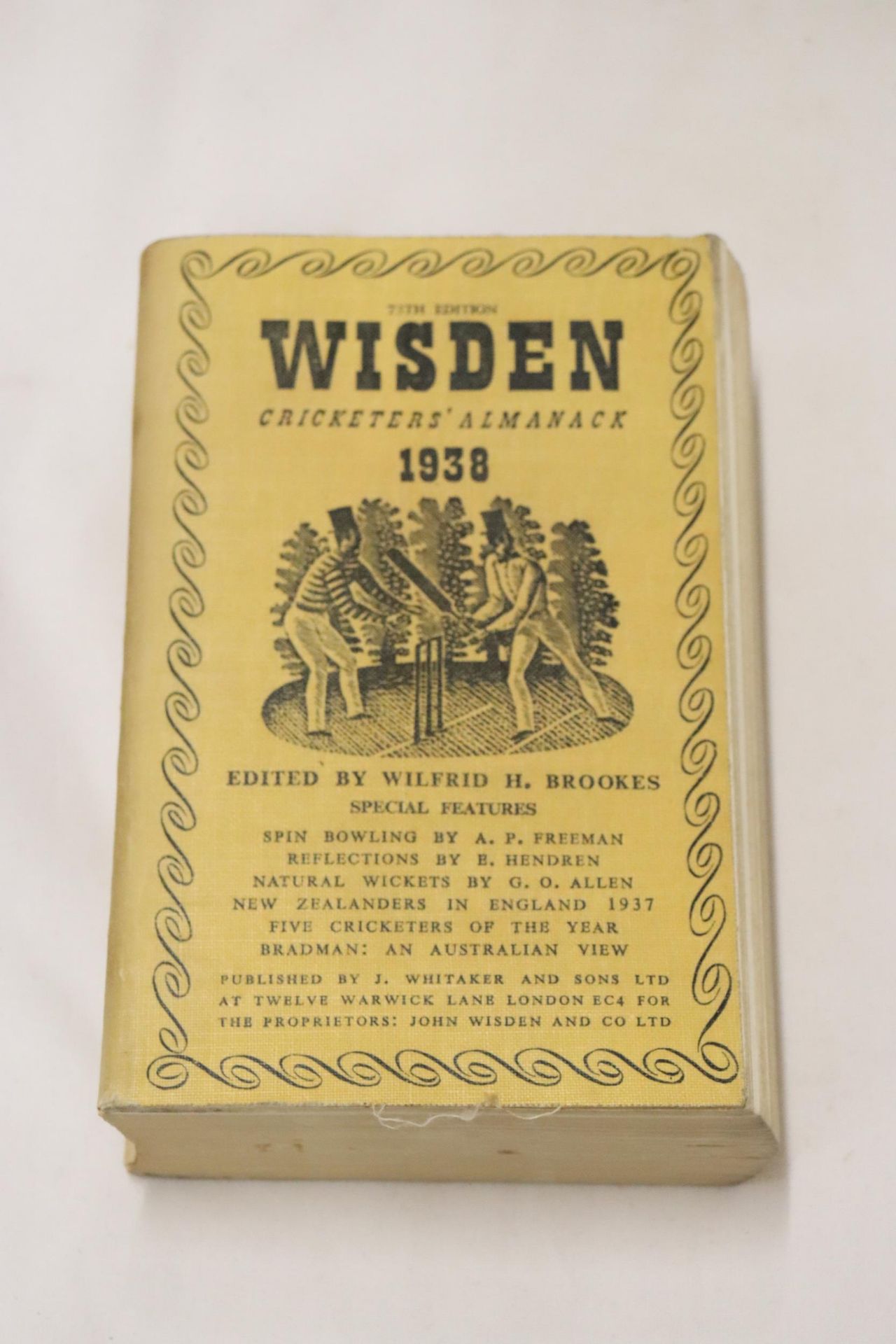 A 1938 COPY OF WISDEN'S CRICKETER'S ALMANACK. THIS COPY IS IN USED CONDITION, THE SPINE IS INTACT.