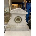 A VERY HEAVY WHITE MARBLE CLOCK WITH KEY AND PENDULUM