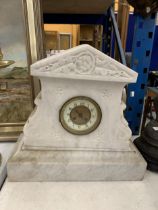 A VERY HEAVY WHITE MARBLE CLOCK WITH KEY AND PENDULUM