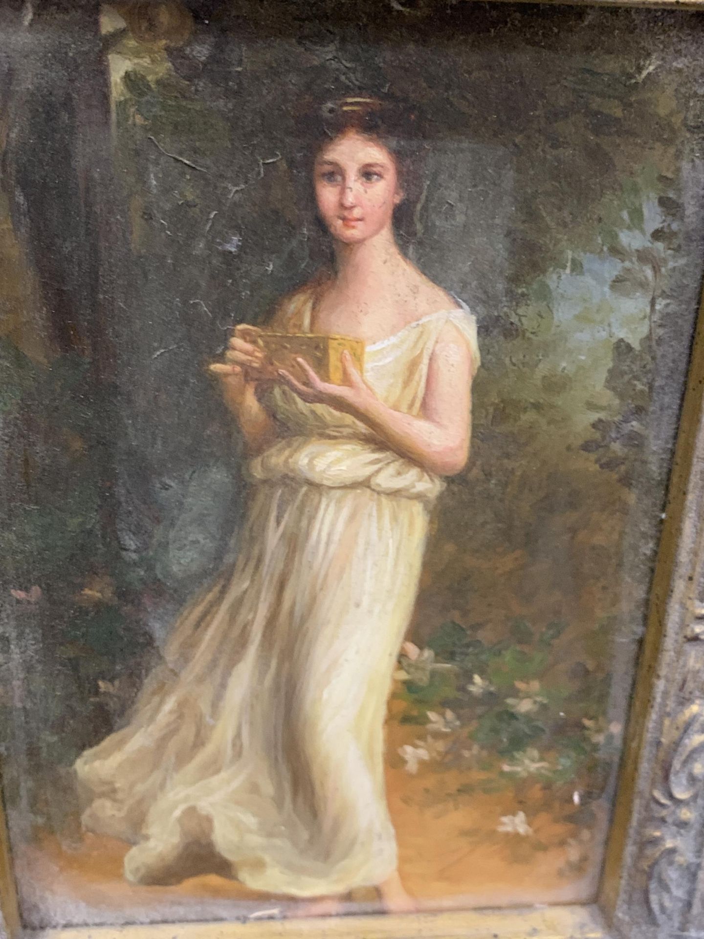 A HEAVY GILT FRAMED PAINTING OF A YOUNG GIRL WITH A GIFT BOX - Image 3 of 3