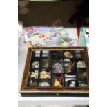 A SMALL DISPLAY CASE CONTAINING A QUANTITY OF COLLECTABLES