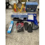 AN ASSORTMENT OF ITEMS TO INCLUDE BIKE SEATS, AXLE STANDS AND A VAX CORDLESS KIT ETC