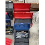 TWO METAL WORKSHOP TOOL BOXES AND A PLASTIC TOOL BOX CONTAINING SPANNERS AND MOLE GRIPS ETC