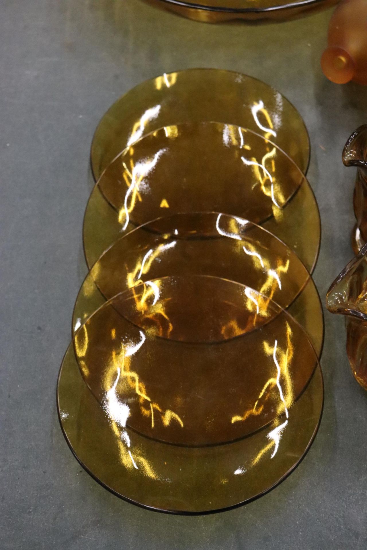 A QUANTITY OF AMBER COLOURED GLASS TO INCLUDE VASES, PLATES, JUGS, ETC., - Image 3 of 11