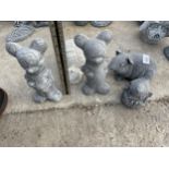 FIVE VARIOUS SMALL CONCRETE GARDEN FIGURES TO INCLUDE A SNAIL AND MICKEY MOUSE ETC