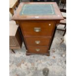 A VICTORIAN STYLE THREE DRAWER FILING CABINET WITH BRASS SCOOP HANDLET