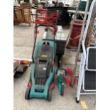 A BOSCH ROTAK 34 ELECTRIC LAWN MOWER WITH GRASS BOX AND A FEREX ELECTRIC HEDGE TRIMMER