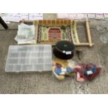 AN ASSORTMENT OF SEWING ITEMS TO INCLUDE A TAPESTRY, THREAD AND A SEWING BOX ETC