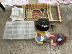 AN ASSORTMENT OF SEWING ITEMS TO INCLUDE A TAPESTRY, THREAD AND A SEWING BOX ETC