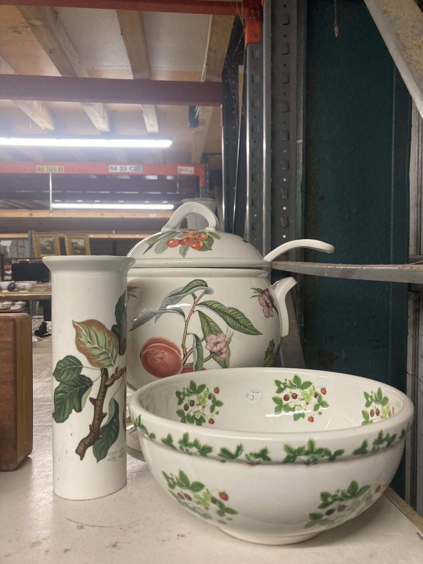 THREE LARGE ITEMS OF PORTMERION POTTERY TO INCLUDE ALIDDED TUREEN WITH LADLE, LARGE BOWL AND VASE