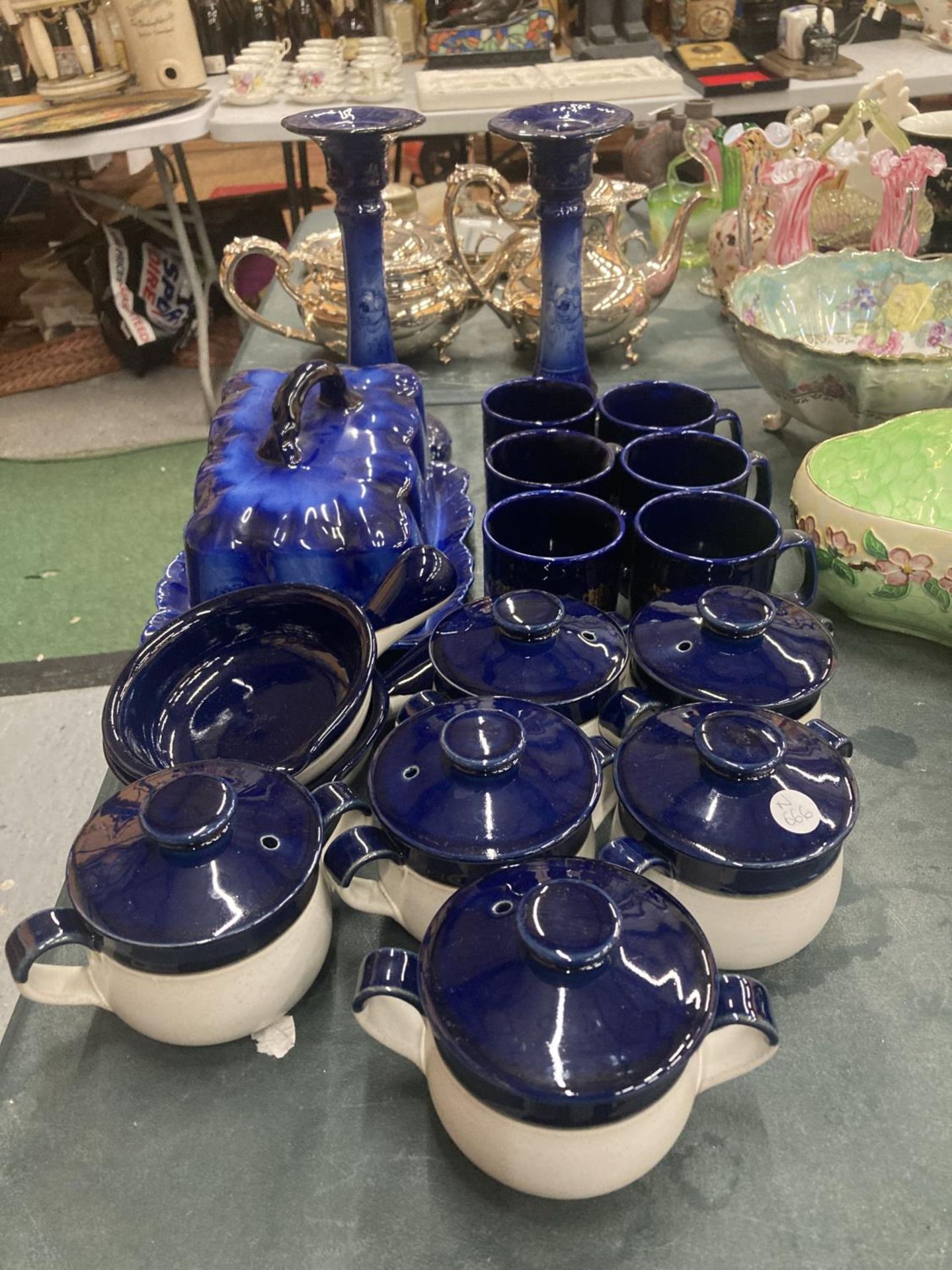 A QUANTITY OF DENBY LIDDED SOUP BOWLS AND DISHES, MUGS WITH POISONS DESIGN, PLUS A PAIR OF VINTAGE