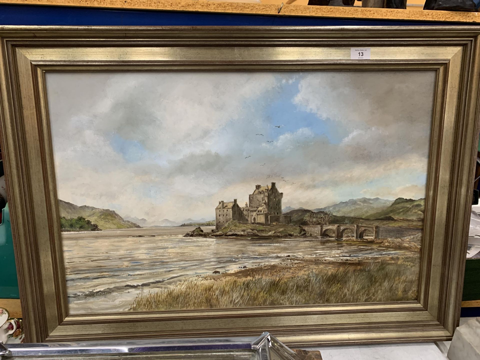 A DAVID L ROBERTS (SCOTLAND 1919 - 1997) OIL ON BOARD OF EILEAN DONAN CASTLE SIGNED TO LOWER LEFT