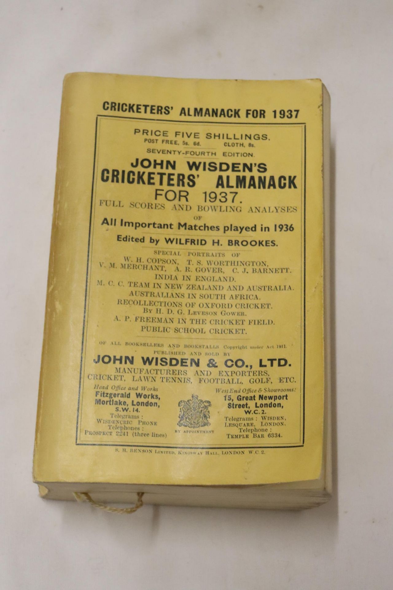 A 1937 COPY OF WISDEN'S CRICKETER'S ALMANACK. THIS COPY IS IN USED CONDITION, THE SPINE IS INTACT