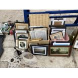 AN ASSORTMENT OF FRAMED PICTURES AND PRINTS AND TWO TABLE LAMPS ETC