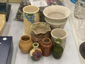 A QUANTITY OF VINTAGE POTTERY TO INCLUDE LANGLEY, RADFORD, MALIN, ETC, VASES AND JARS