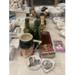 A MIXED LOT TO INCLUDE VINTAGE GREEN BOTTLES, BEER MATS, TOBY JUGS, MARBLES, ETC