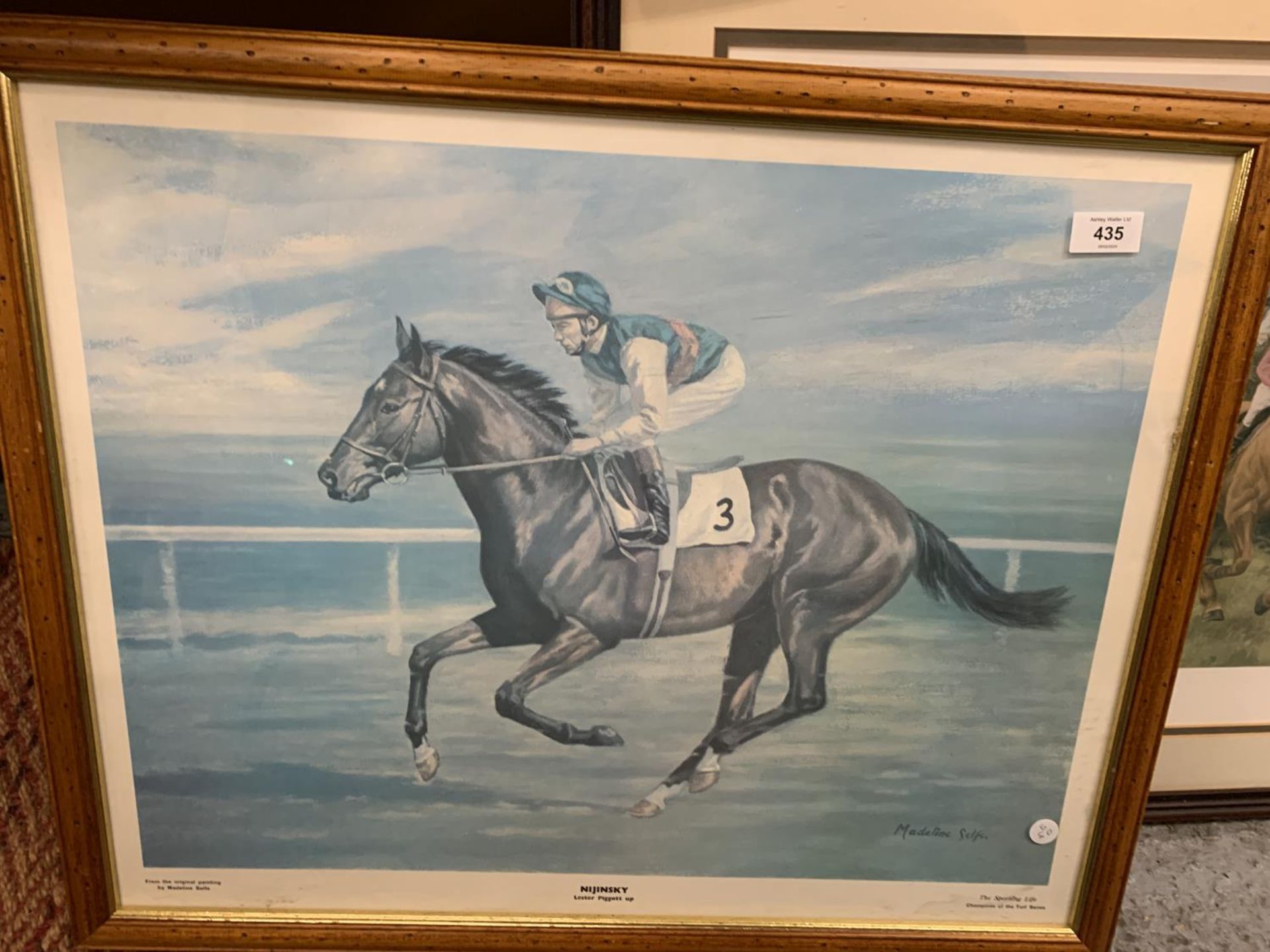 A FRAMED NIJINSKY AND LESTER PIGGOTT PRINT, BY ARTIST MADELINE SELFE, 69CM X 57CM