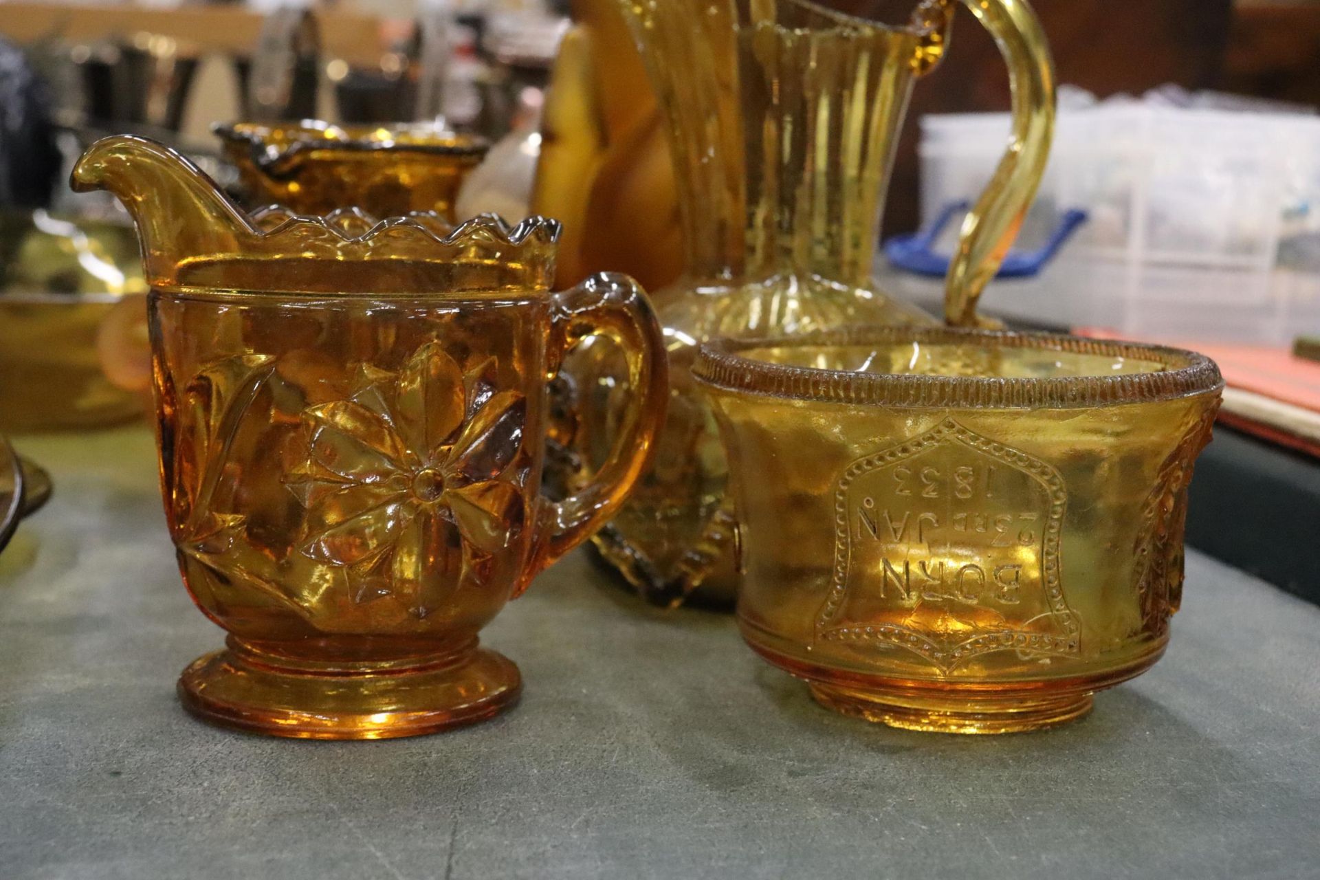 A QUANTITY OF AMBER COLOURED GLASS TO INCLUDE VASES, PLATES, JUGS, ETC., - Image 8 of 11