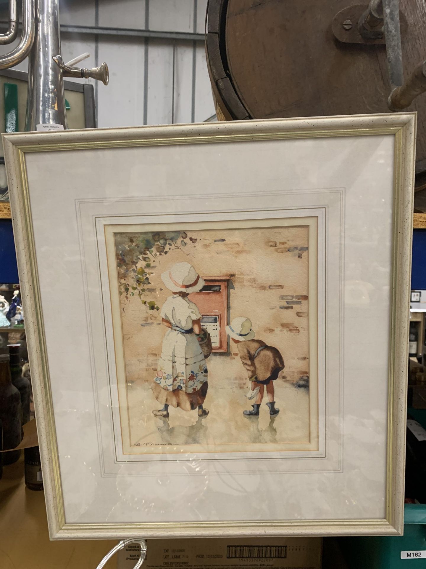 A BERNARD MCDONALD (BORN 1944) WATERCOLOUR OF CHILDREN AT A POST BOX SIGNED TO LOWER LEFT HAND