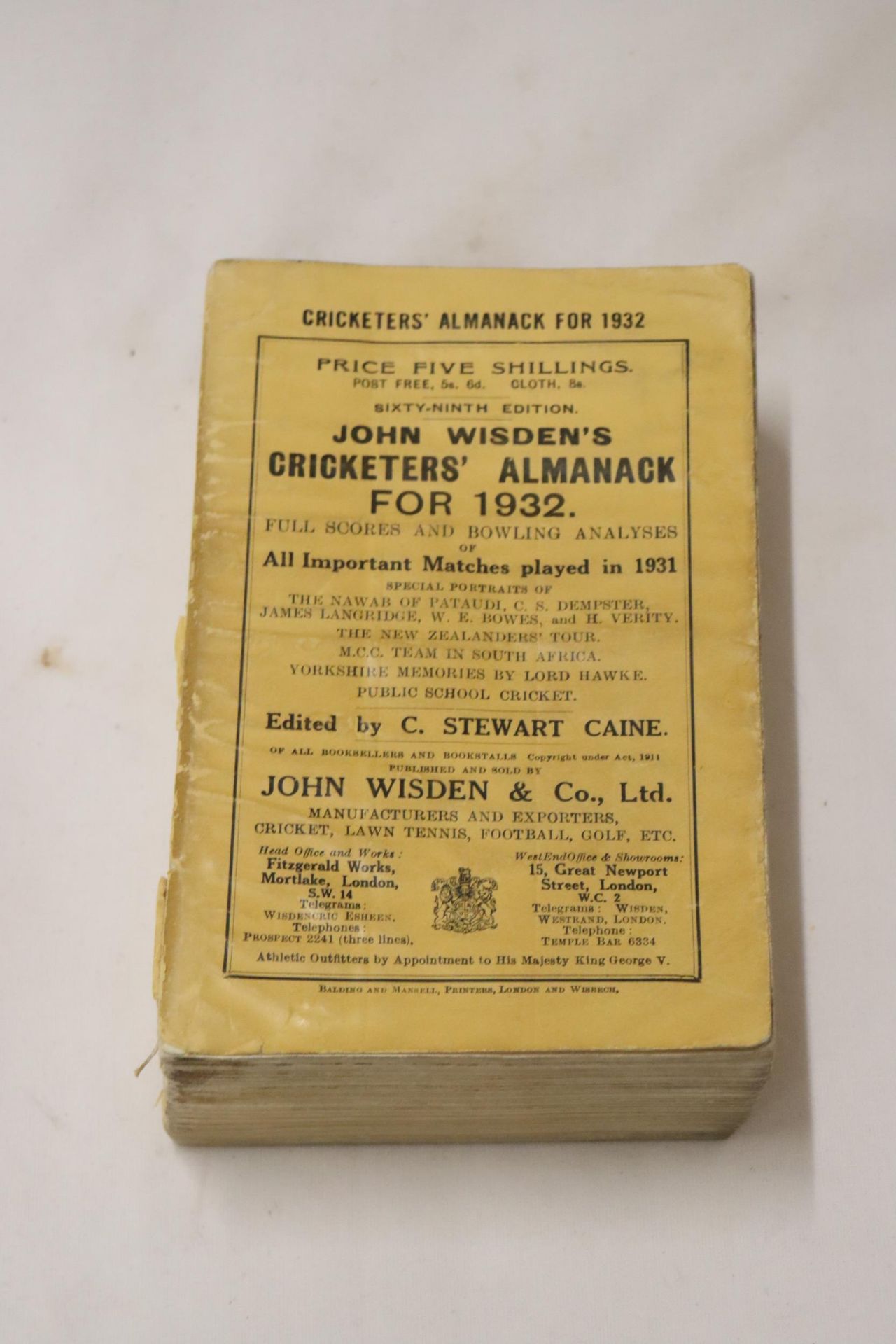 A 1932 COPY OF WISDEN'S CRICKETER'S ALMANACK. THIS COPY IS IN USED CONDITION, MISSING PART OF THE