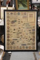 A LARGGE FRAMED VINTAGE RAILWAY HISTORY MAP OF BRITAIN, 88CM X 109CM