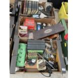 A LARGE ASSORTMENT OF TOOLS TO INCLUDE AN ELECTRIC SANDER, A HAMMER AND FOOT PUMPS ETC