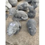 FIVE VARIOUS SMALL CONCRETE GARDEN FIGURES TO INCLUDE AN OTTER AND A FROG ETC