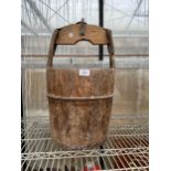 A VINTAGE OAK PAIL BUCKET WITH IRON BANDING AND LOOP