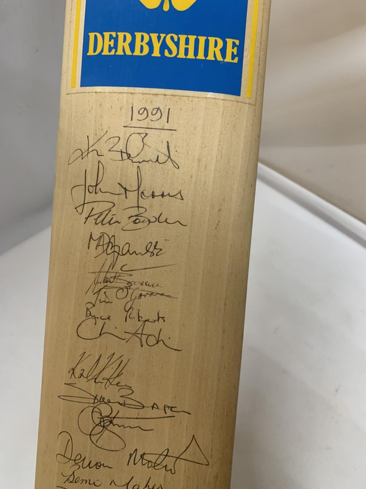 A DERBYSHIRE CRICKET CLUB BAT. SIGNED BY PLAYERS IN THE 1991 TEAM, TO ICLUDE DEVON MALCOLM, - Image 4 of 6