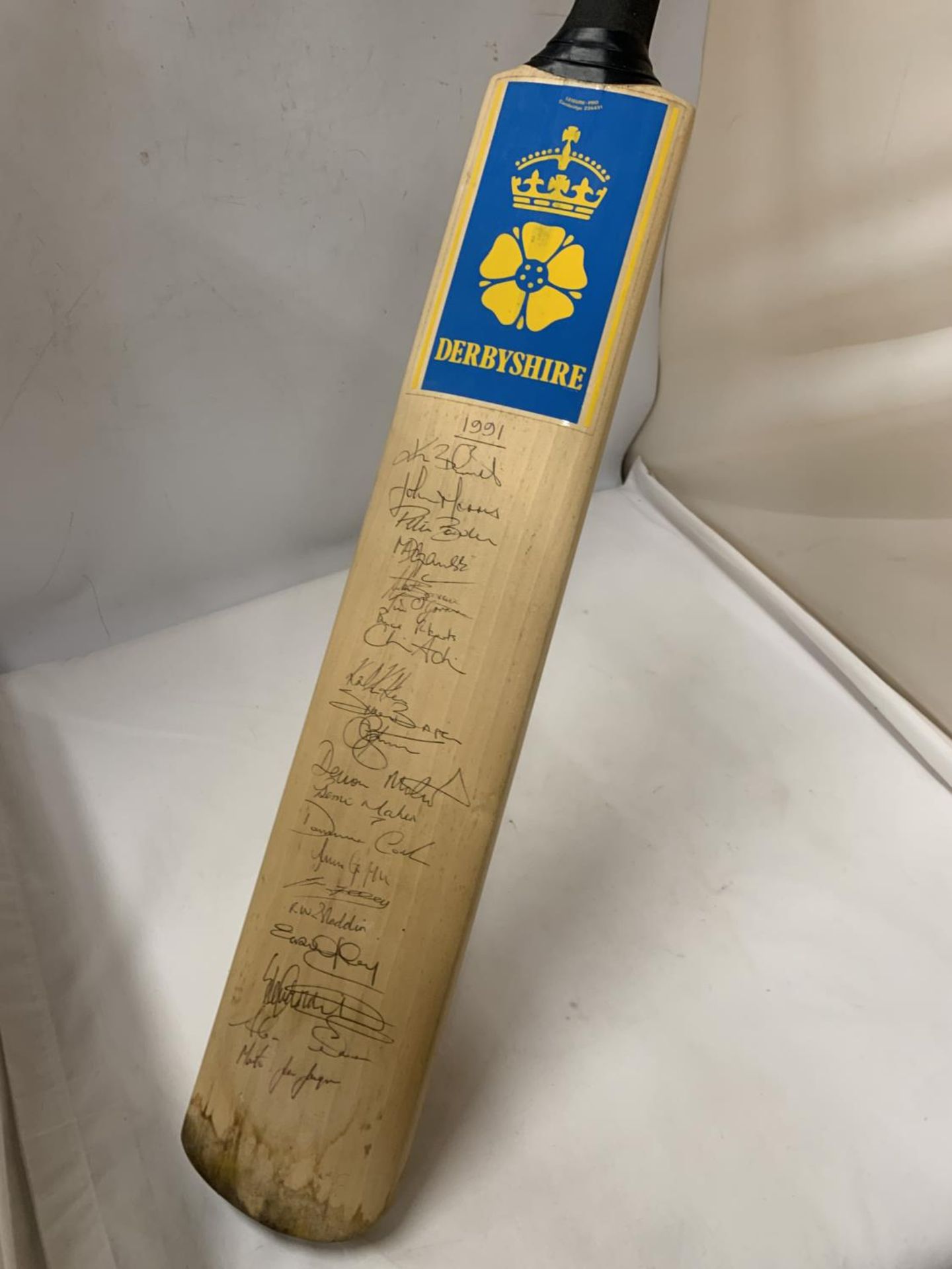 A DERBYSHIRE CRICKET CLUB BAT. SIGNED BY PLAYERS IN THE 1991 TEAM, TO ICLUDE DEVON MALCOLM, - Image 2 of 6