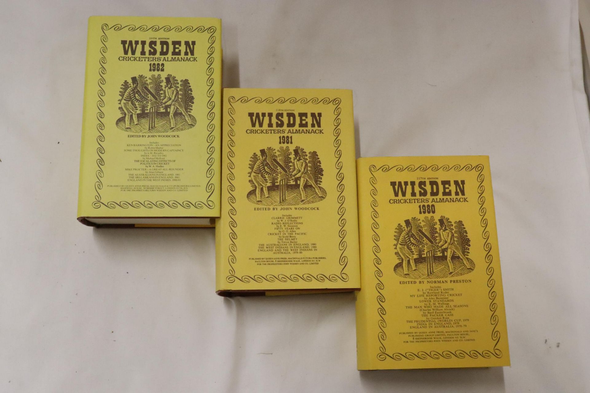 THREE HARDBACK COPIES OF WISDEN'S CRICKETER'S ALMANACKS, 1980, 1981 AND 1982. THESE COPIES ARE IN