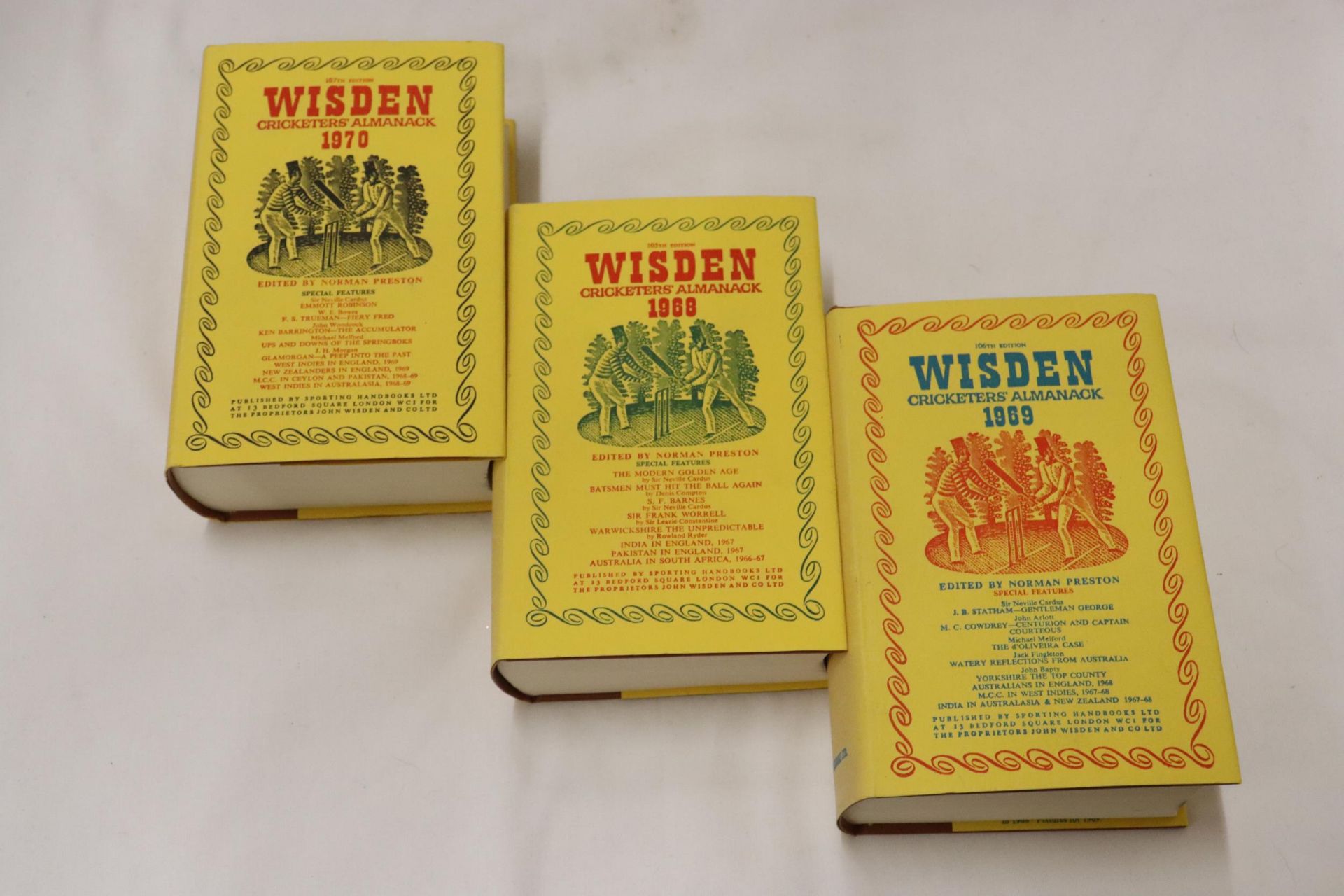 THREE HARDBACK COPIES OF WISDEN'S CRICKETER'S ALMANACKS, 1968, 1969 AND 1970. THESE COPIES ARE IN