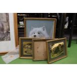 A FRAMED PRINT OF A HUSKY DOG, TWO COPPER STYLE PICTURES OF RURAL ENGLAND AND A PICTURE FRAME - 4 IN