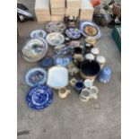 A LARGE ASSORTMENT OF CERAMICS TO INCLUDE PLATES, CADDIES AND TEAPOTS ETC
