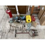 AN ASSORTMENT OF ITEMS TO INCLUDE FUEL CANS, SPANNERS AND MOTORS ETC