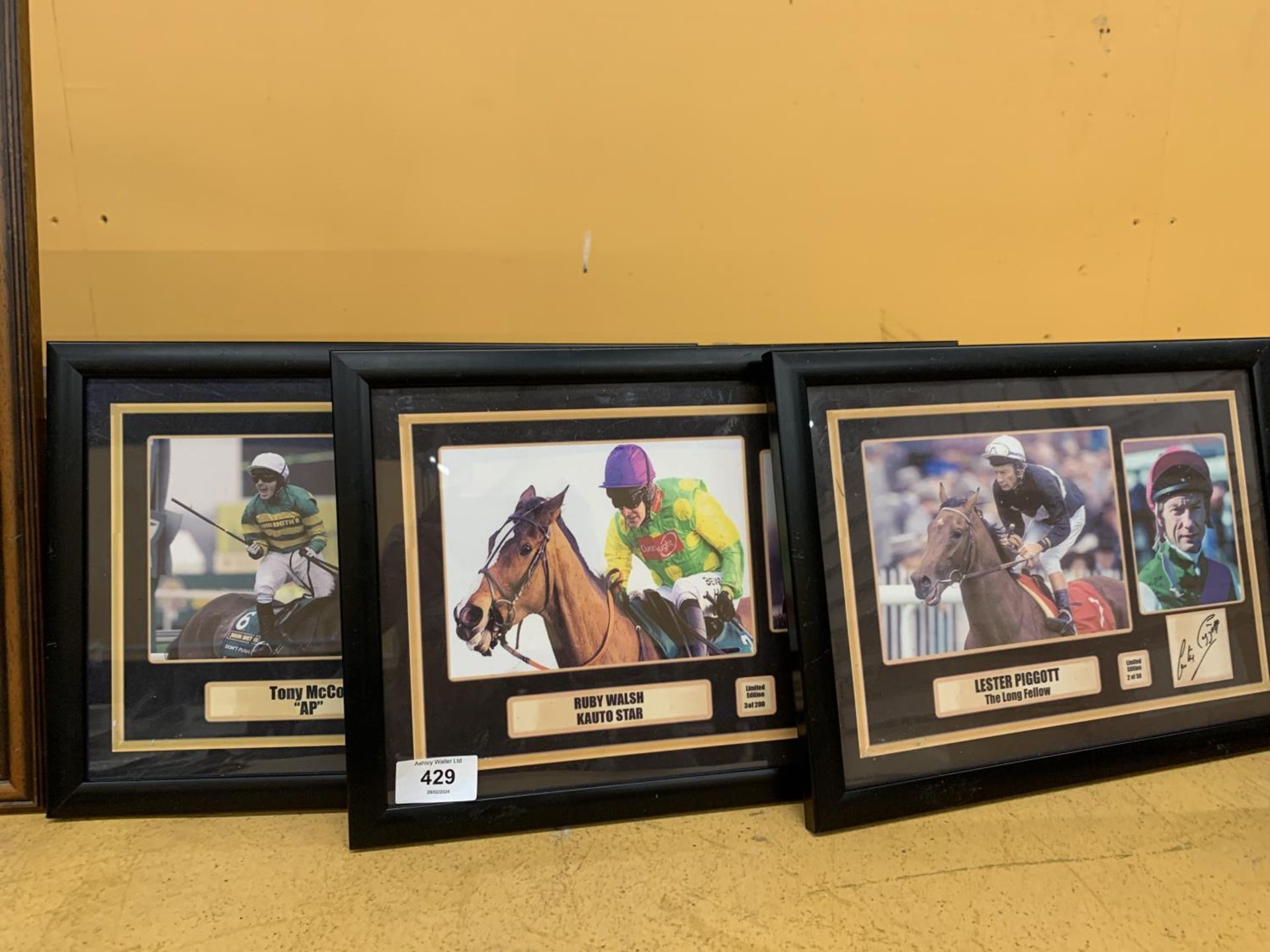 THREE AUTOGRAPHED FRAMED MONTAGES OF LESTER PIGGOTT, RUBY WALSH AND TONY McCOY