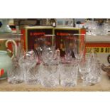 A QUANTITY OF GLASSES TO INCLUDE WHISKY TUMBLERS, BOXED SHERRY GLASSES, CHAMPAGNE FLUTES, BRANDY