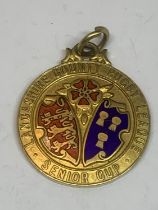 A HALLMARKED 9 CARAT GOLD LANCASHIRE COUNTY RUGBY LEAGUE SENIOR CUP MEDAL. ENGRAVED WINNERS 1936-