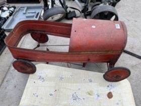 A VINTAGE TIN CHILDS CAR AND A LARGE CERAMIC TILE (TILE A/F)