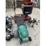 AN ELECTRIC QUALCAST COBRA LAWN MOWER WITH GRASS BOX