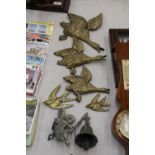 THREE BRASS FLYING DUCKS, TWO SWALLOWS AND A FAIRY BELL