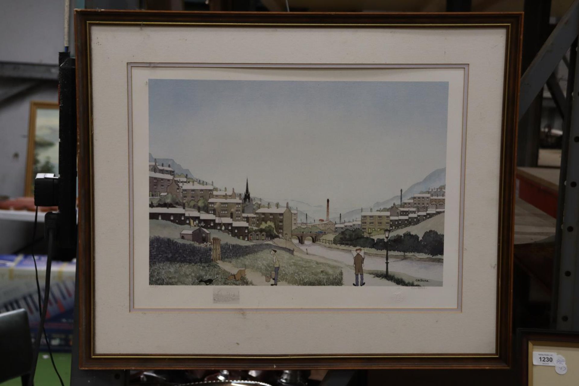 A SIGNED G W BIRKS, PRINT OF A NORTHERN TOWN, FRAMED, NO GLASS IN THE FRAME, 73CM X 60CM