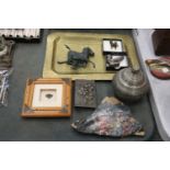 A MIXED LOT TO INCLUDE A BURIAL URN, AN ORNATE METAL HORSE SCULPTURE, BRASS TRAY ETC.,
