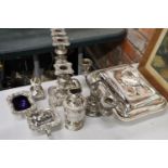A QUANTITY OF SILVER PLATE TO INCLUDE SERVING DISH WITH LID, CANDLEABRA, PEPPER POT, ETC.,