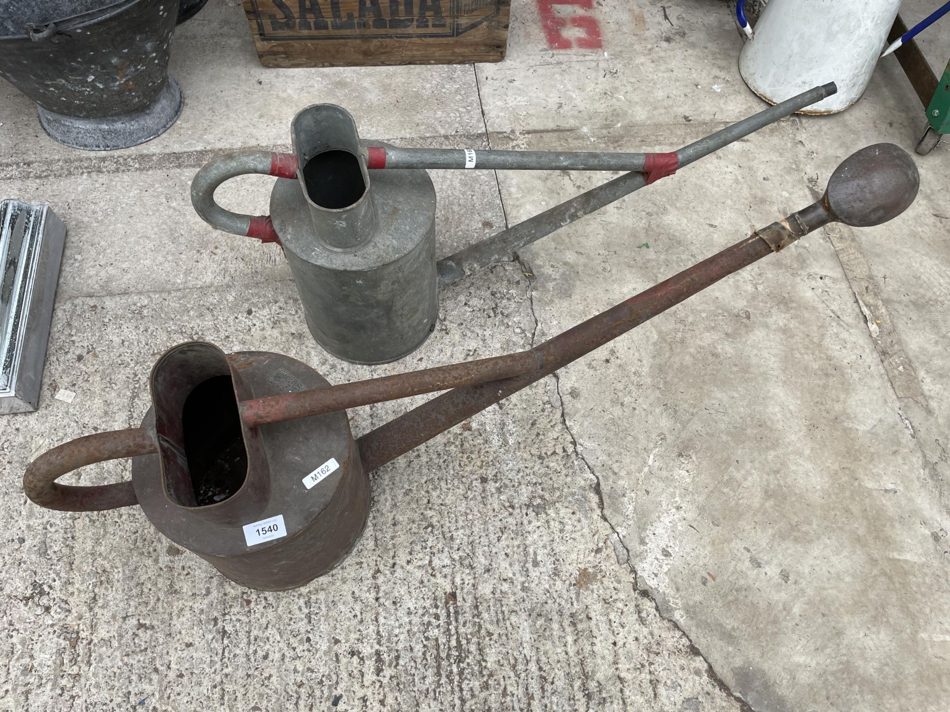 TWO VINTAGE WATERING CANS WITH LONG SPOUTS