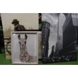 FOUR LARGE PRINTS TO INCLUDE NEW YORK STREET SCENE, A MAP, LLAMA, ETC