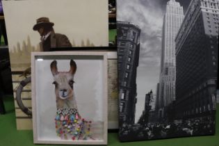 FOUR LARGE PRINTS TO INCLUDE NEW YORK STREET SCENE, A MAP, LLAMA, ETC