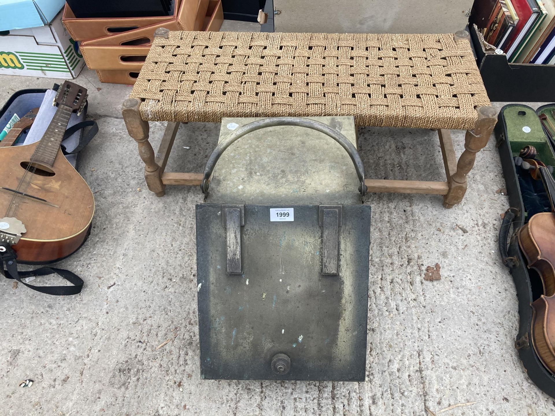 A VINTAGE COAL BOX AND A WOVEN TOPPED STOOL