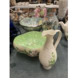 FOUR PIECES OF VINTAGE CERAMICS TO INCLUDE AN IRISH DONEGAL VASE, MALING WARE GREEN LUSTRE BOWL,